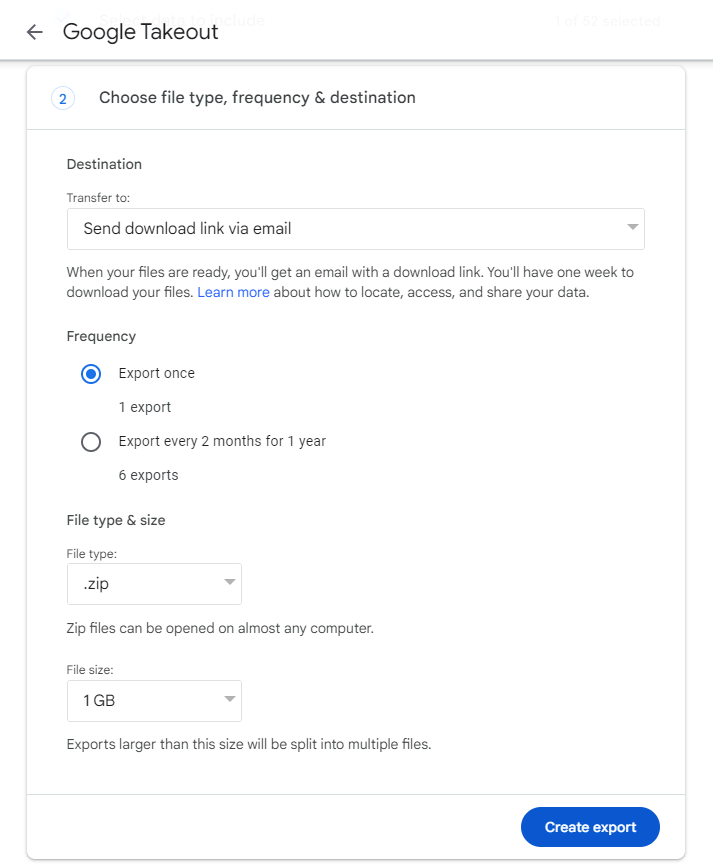 Configuration des options d'exportation sur Google Takeout
