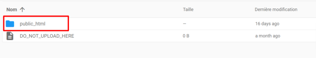 le dossier public_html du gestionnaire de fichiers hPanel 