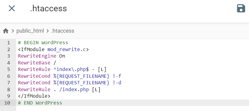L'éditeur de fichiers montrant où ajouter l'extrait de code au fichier .htaccess dans le hPanel