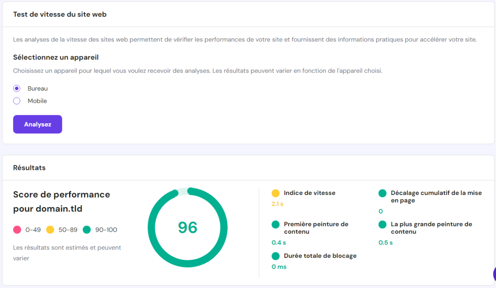 L'interface de test de vitesse des pages sur hPanel.