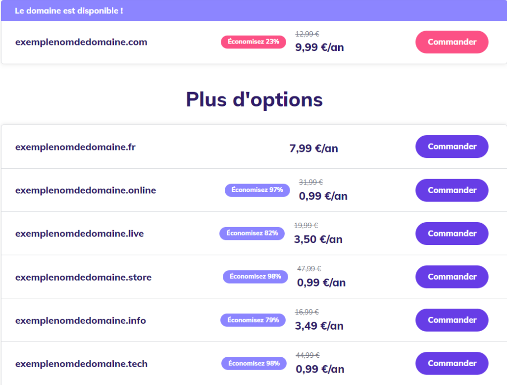 Extensions de nom de domaine et prix sur la page de vérification de domaine de Hostinger