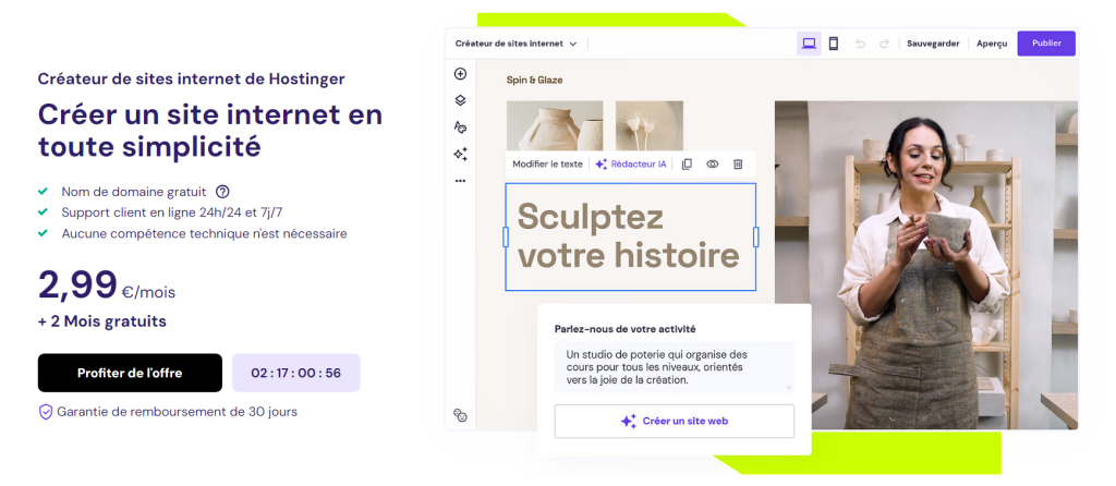 La landing page du créateur de sites internet de Hostinger