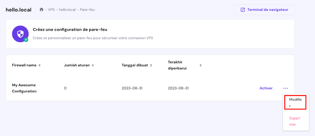 La page Pare-feu sur hPanel. Le bouton Modifier est en surbrillance