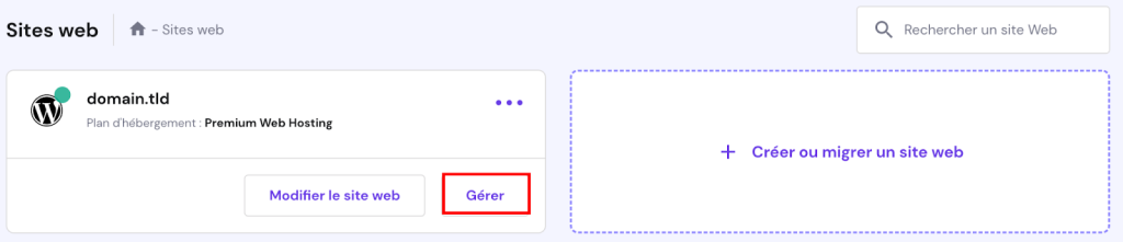 La page Sites web sur hPanel. Le bouton Gérer est mis en évidence