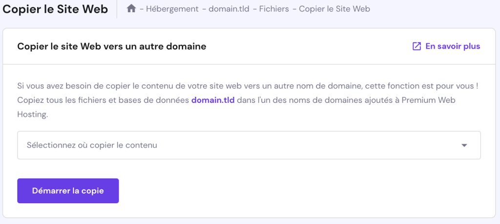 La page Copier le site web sur hPanel