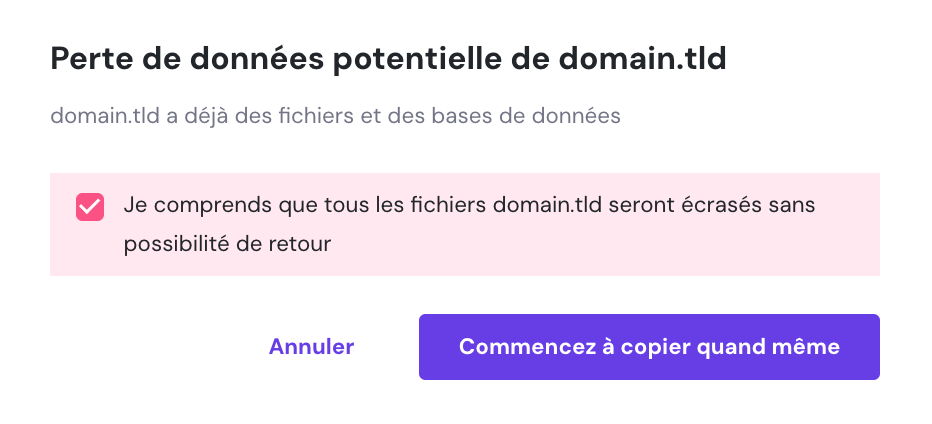 Fenêtre d'avertissement sur la page Copier le site web sur hPanel