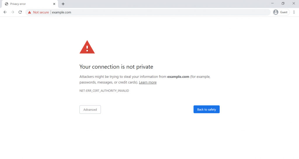 Capture d'écran montrant l'erreur "Votre connexion n'est pas privée" sur Google Chrome