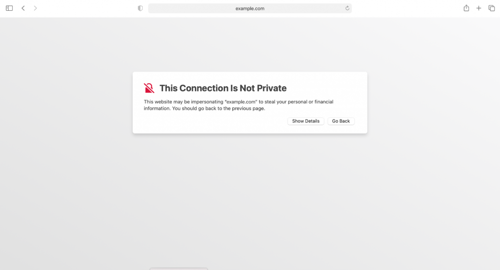 Capture d'écran montrant l'erreur "votre connexion n'est pas privée" sur Safari