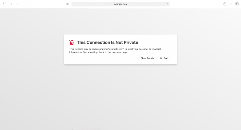 Capture d'écran montrant l'erreur "votre connexion n'est pas privée" sur Safari