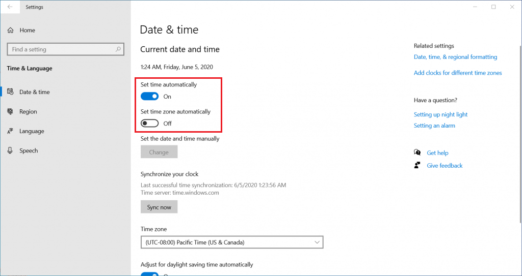 Paramètres de date et d'heure de Windows