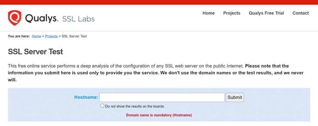 Capture d'écran de la page d'accueil du test de serveur SSL de Qualys