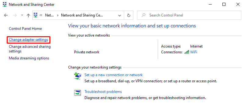 Modification des paramètres de l'adaptateur sous Windows.