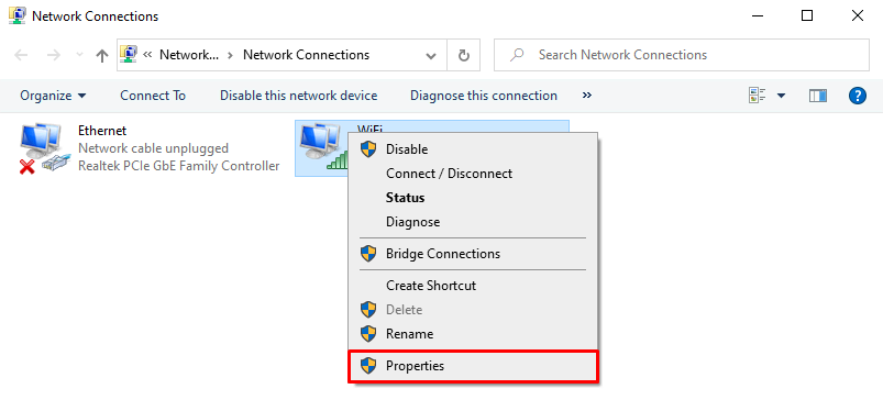 Sélectionner les propriétés de la connexion en cours sous Windows.