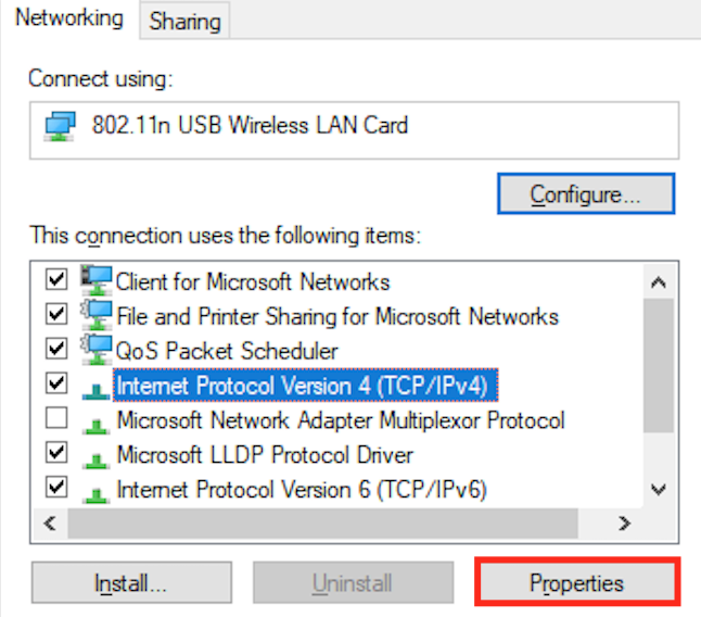 Sélectionner IPv4 et cliquer sur le bouton Propriétés