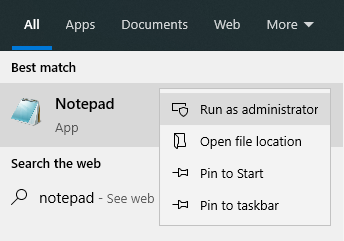Exécuter l'application Bloc-notes en tant qu'administrateur sous Windows.