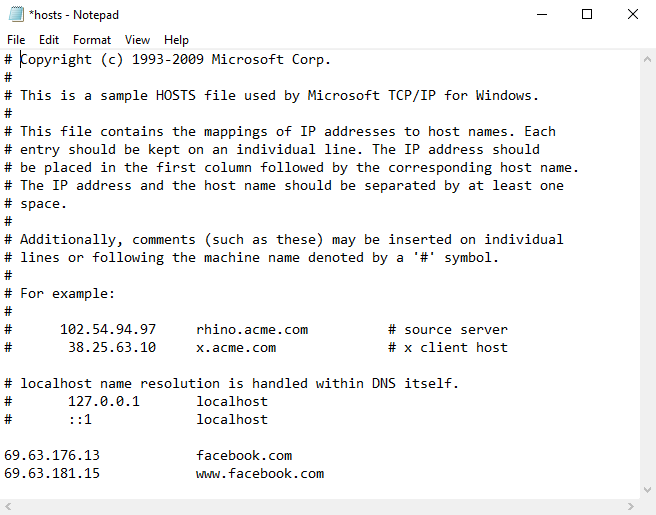 Le fichier hosts sur le Bloc-notes de Windows