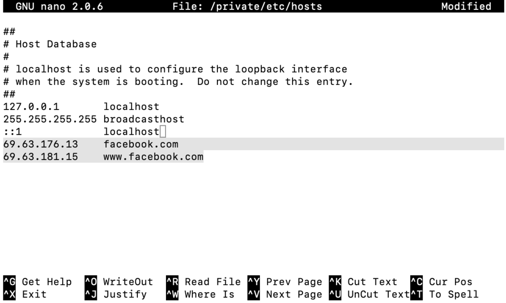 Le fichier hosts dans le terminal de macOS