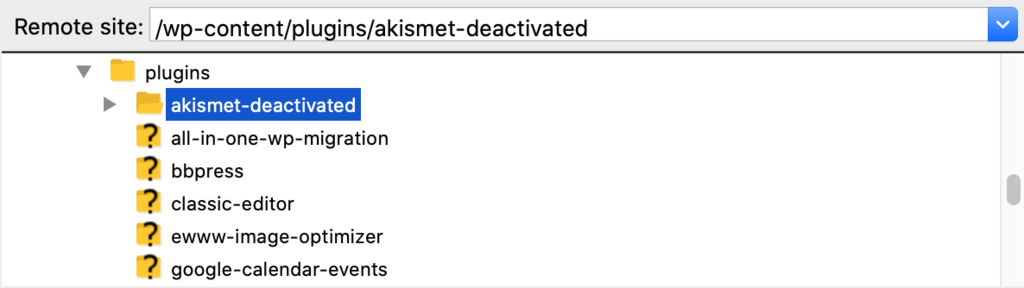 Renommer le dossier de plugin en akismet-deactivated.