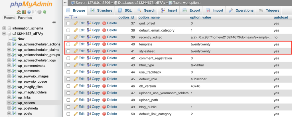 Renommer le nom du thème actuel sur phpMyAdmin