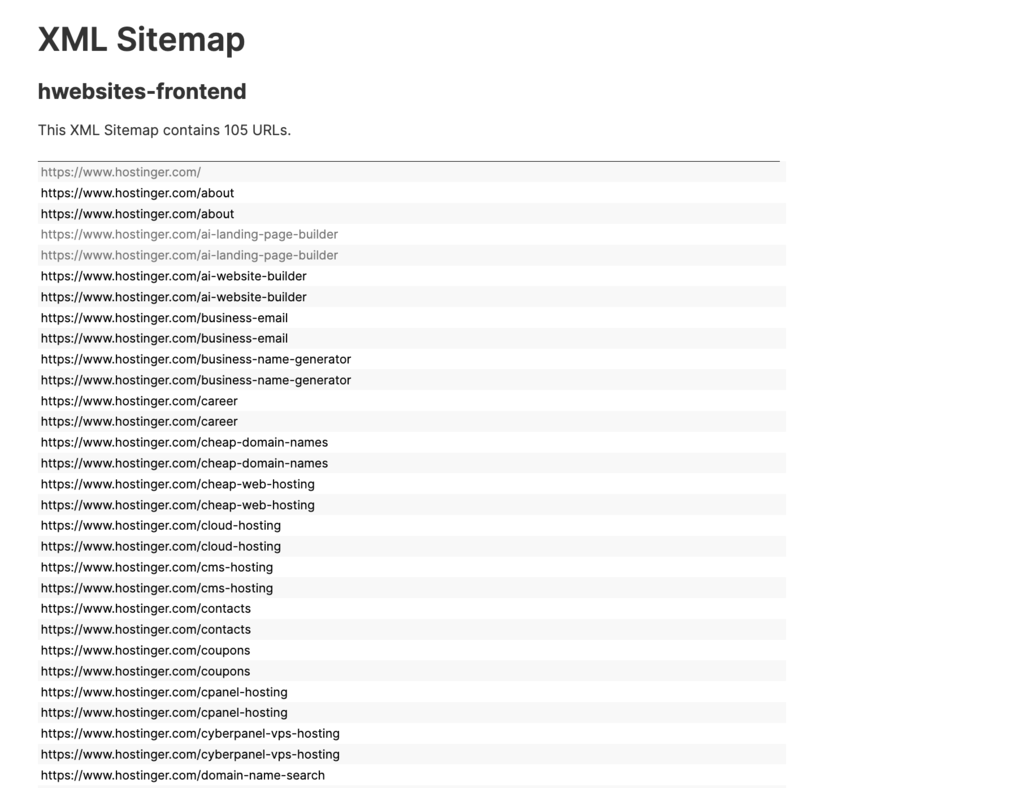 Le plan du site XML d'Hostinger à partir de la barre de recherche