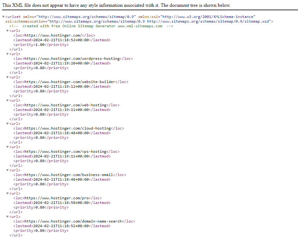 Plan du site XML de Hostinger à partir du générateur de sitemap