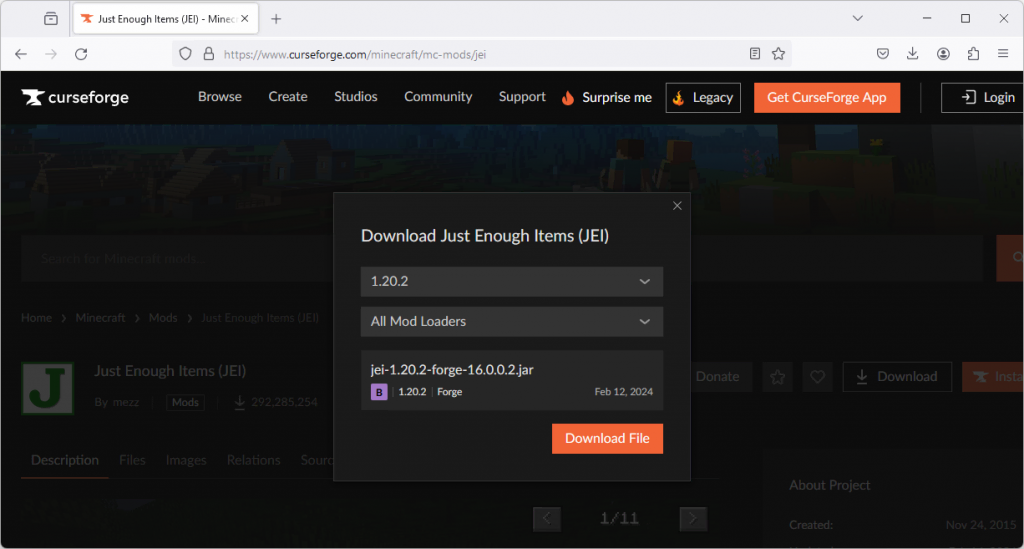 Page de téléchargement du mod Minecraft Just Enough Items sur le site CurseForge