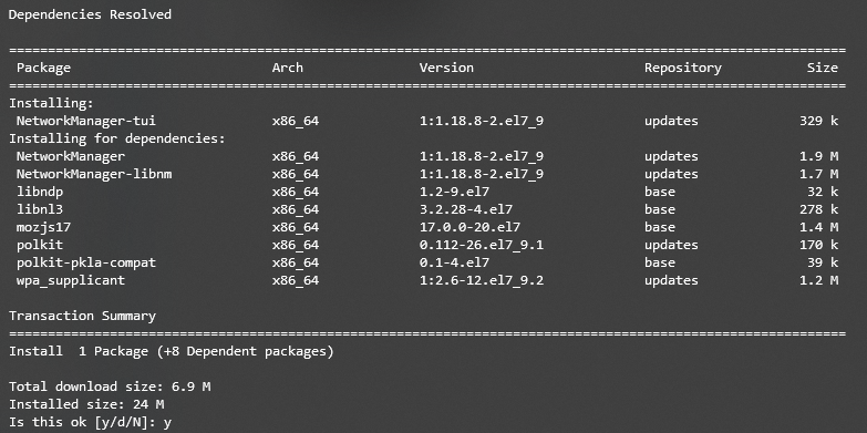 Le package et la liste des dépendances du NetworkManager-tui