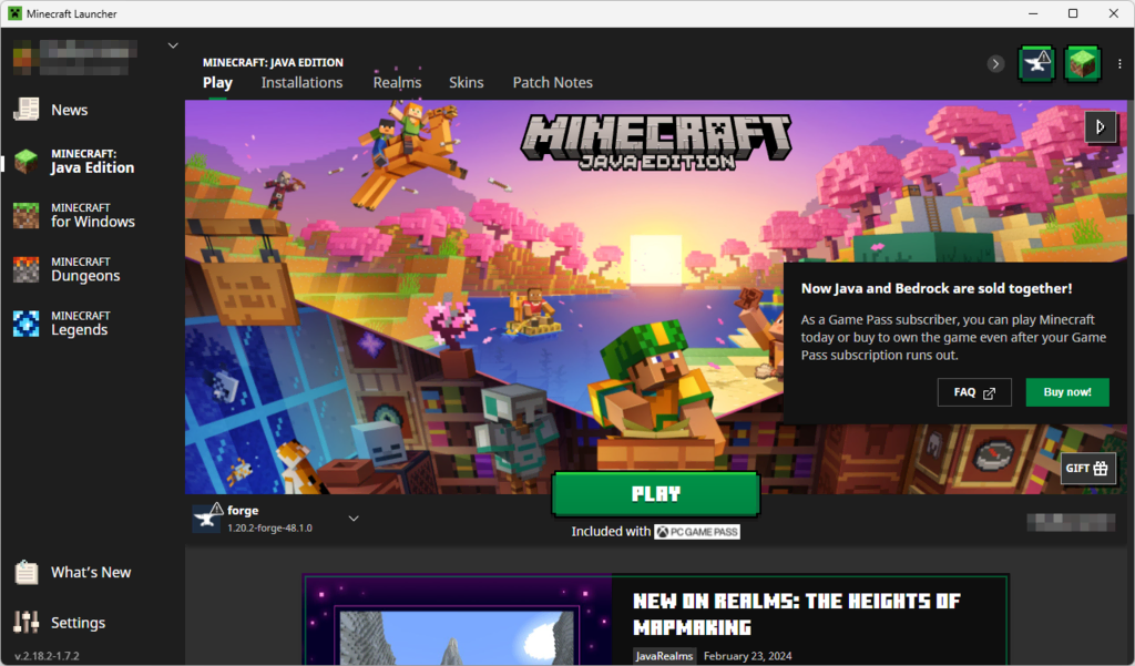 Minecraft Launcher avec Minecraft Forge sélectionné