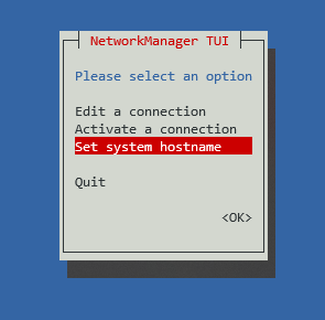 L'option Set system hostname dans la fenêtre TUI de NetworkManager