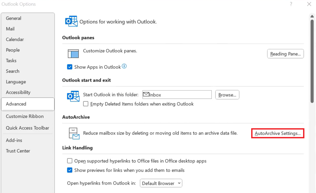 Accès aux paramètres d'archivage automatique dans Outlook