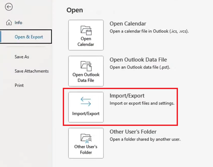 Sélection de l'option Importer/Exporter dans Outlook
