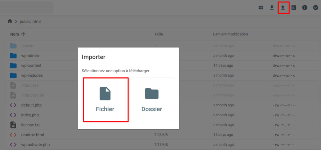 importer un fichier dans le dossier public_html