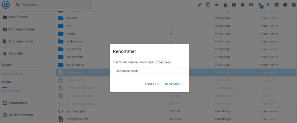 La fenêtre contextuelle Renommer apparaît dans le gestionnaire de fichiers du hPanel, où vous pouvez renommer le fichier .htaccess.