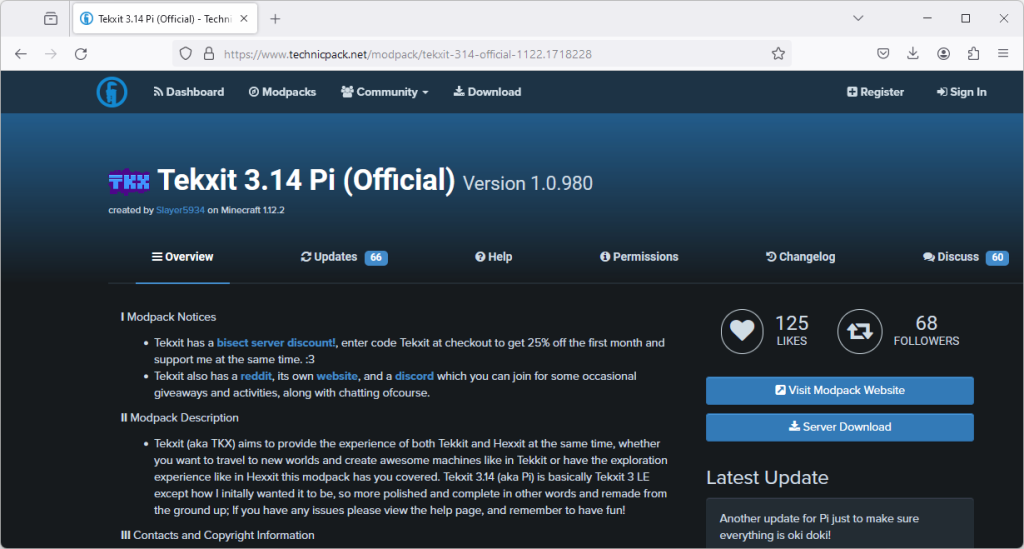 Téléchargement du modpack Tekxit 3.14 Pi depuis le site Technic