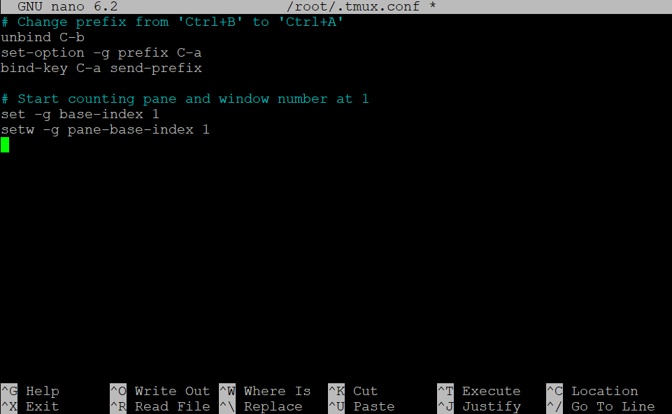 Code de configuration tmux dans l'éditeur de texte nano