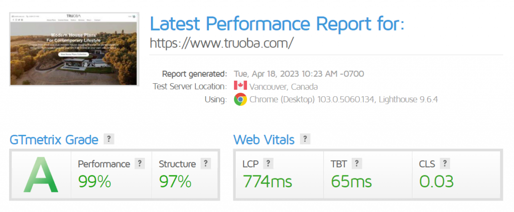 Résultats du test de vitesse de GTmetrix pour Truoba, un des clients de Hostinger