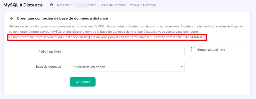 Localisation du nom d'hôte du serveur Hostinger sur hPanel