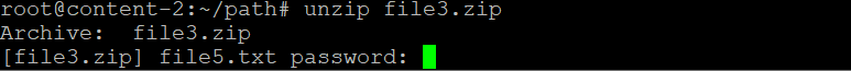 La commande unzip demande à l'utilisateur d'entrer le mot de passe d'un fichier d'archive