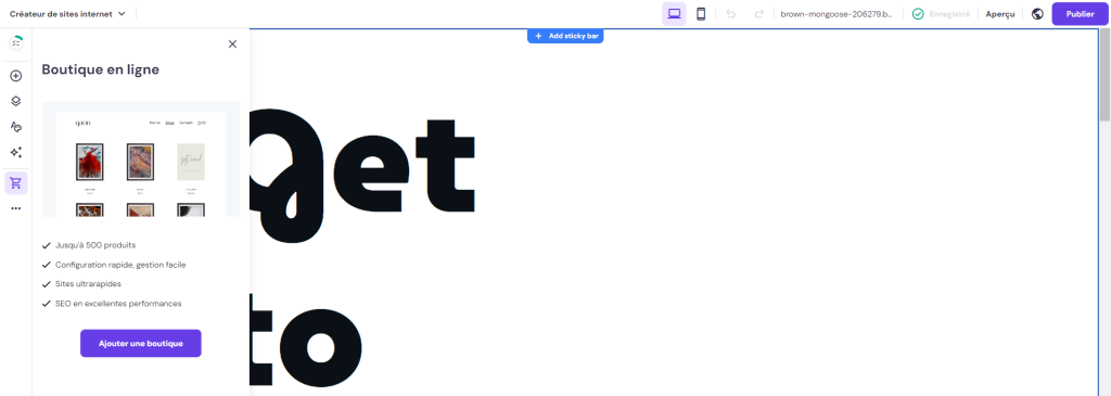 L'interface du créateur de site Web Hostinger avec l'onglet Boutique en ligne ouvert 