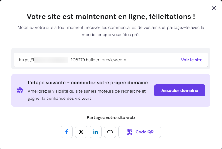 Le message dans le Créateur de site Web Hostinger qui indique que le site Web est maintenant en ligne 