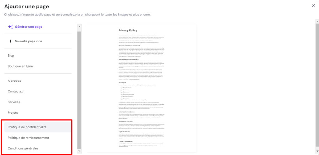 La section pour ajouter des pages dans le Créateur de site Web Hostinger avec les pages légales surlignées en rouge