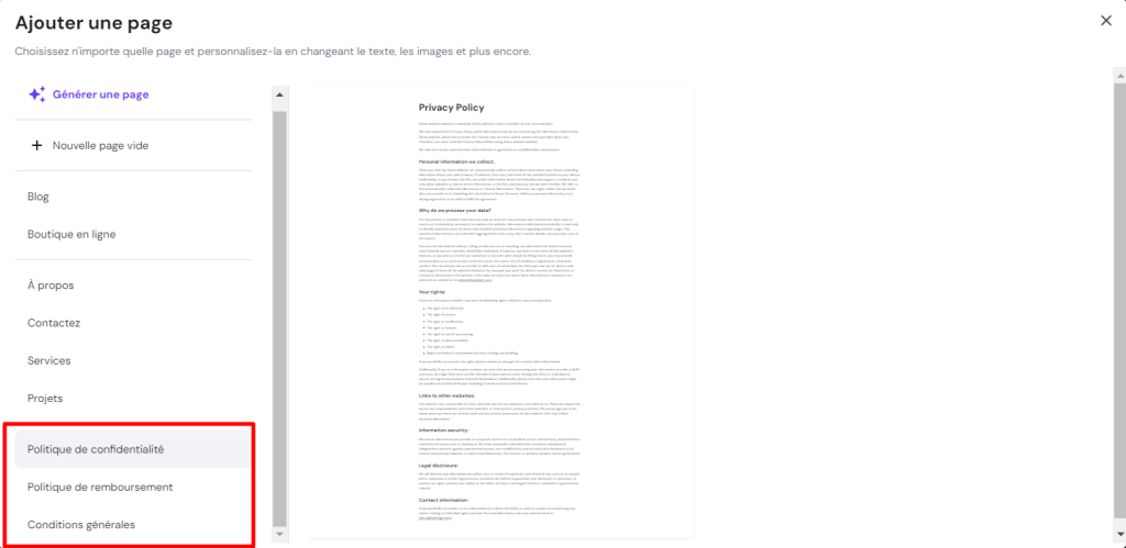 La section pour ajouter des pages dans le Créateur de site Web Hostinger avec les pages légales surlignées en rouge