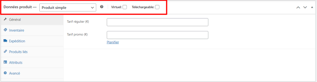 Section des données produit de WooCommerce, mettant en évidence le champ du type de produit