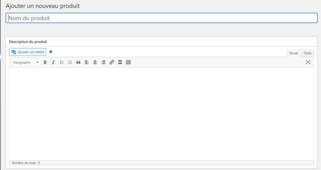 Formulaires pour entrer le nom et la description du produit dans WordPress