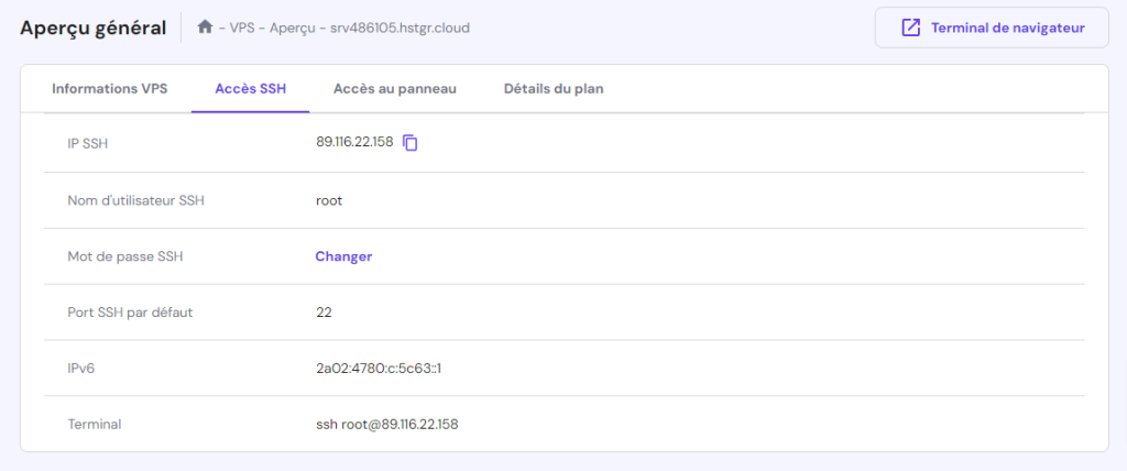 Vérification des détails SSH dans l'onglet Accès SSH de hPanel 