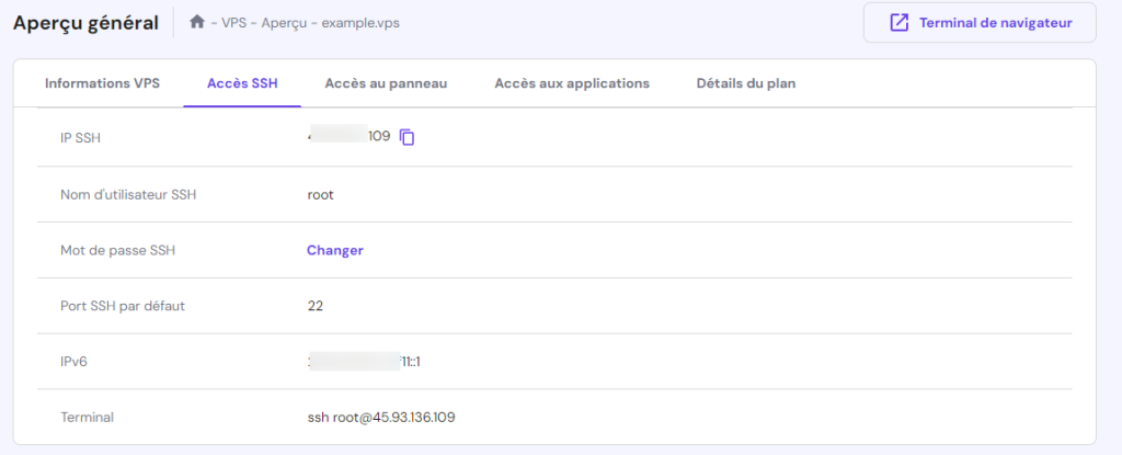 Trouver les identifiants SSH dans l'onglet Accès SSH du tableau de bord VPS de hPanel