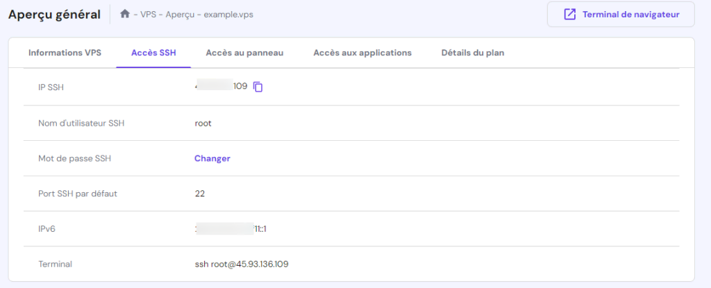 Trouver les identifiants SSH dans l'onglet Accès SSH du tableau de bord VPS de hPanel