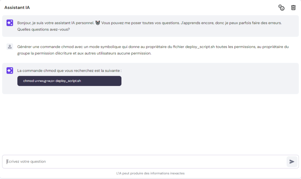 L'assistant IA de Hostinger VPS fournit à l'utilisateur une commande chmod pour sa tâche 