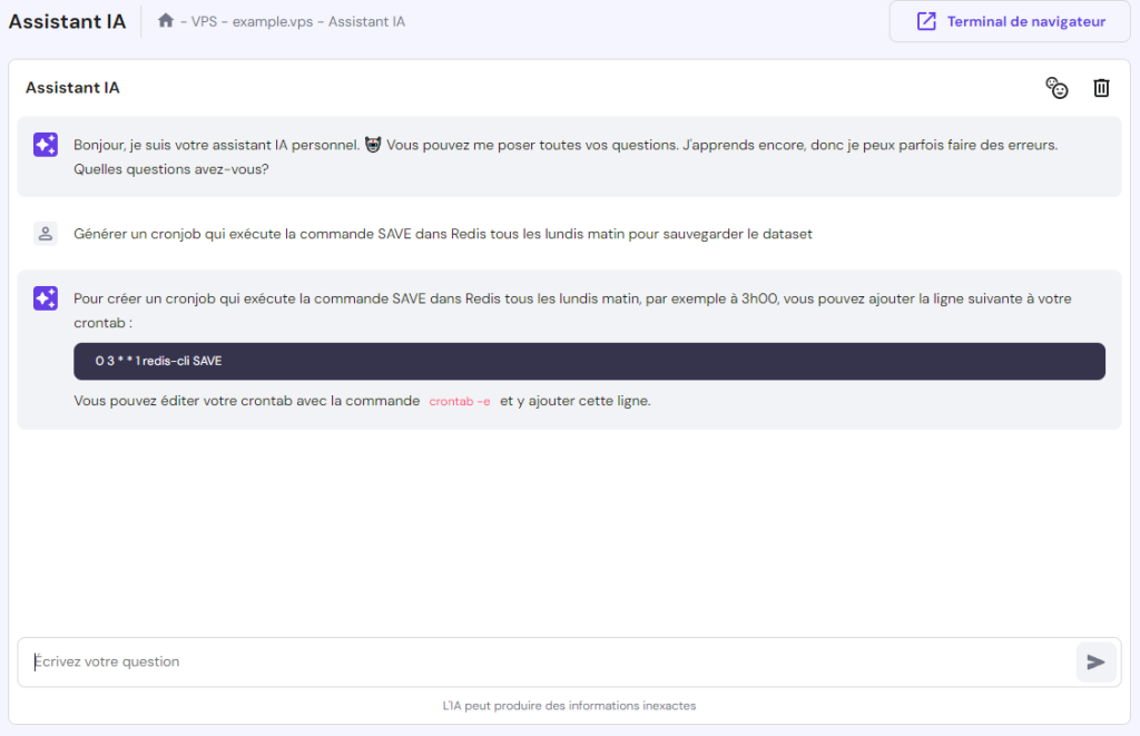 L'assistant IA de Hostinger VPS renvoie les instructions et les commandes pour planifier une tâche Redis à l'aide de cronjob
