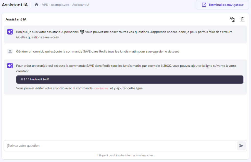 L'assistant IA de Hostinger VPS renvoie les instructions et les commandes pour planifier une tâche Redis à l'aide de cronjob
